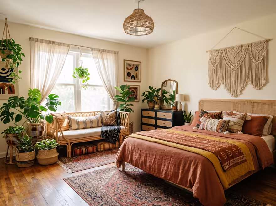 AI-generated boho bedroom interior design: layered vintage rugs