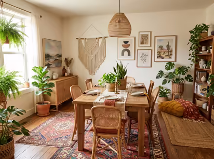 AI-generated boho dining room interior design: layered vintage rugs