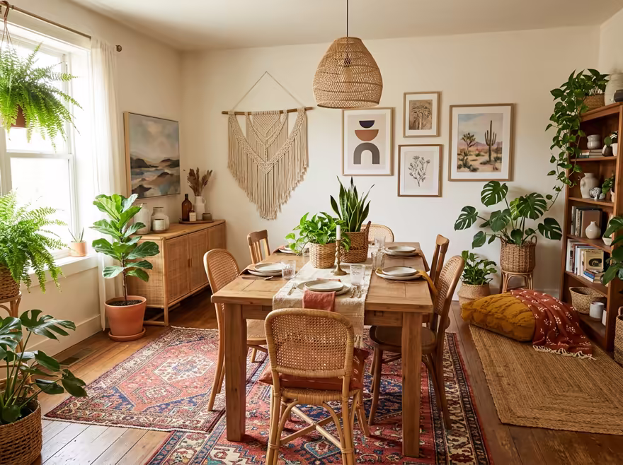 AI-generated boho dining room interior design: layered vintage rugs