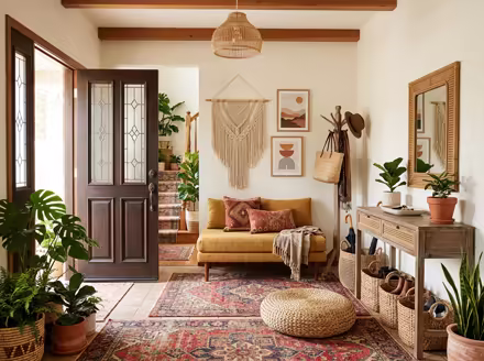 AI-generated boho entryway interior design: layered vintage rugs