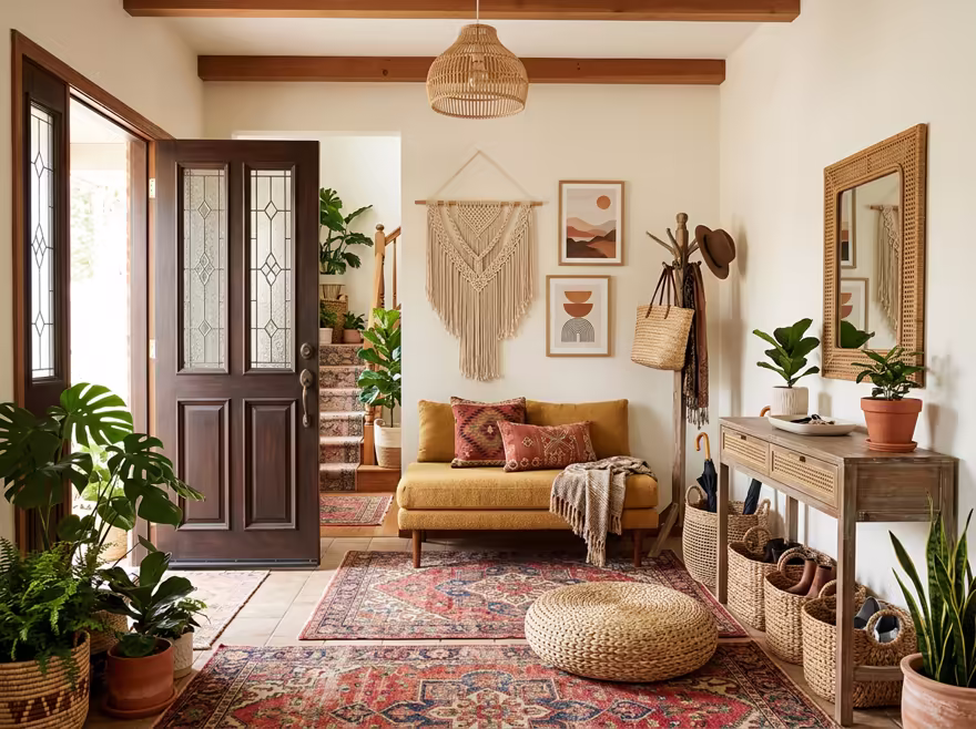 AI-generated boho entryway interior design: layered vintage rugs