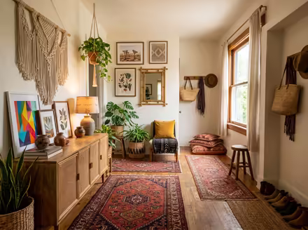AI-generated boho hallway interior design: layered vintage rugs