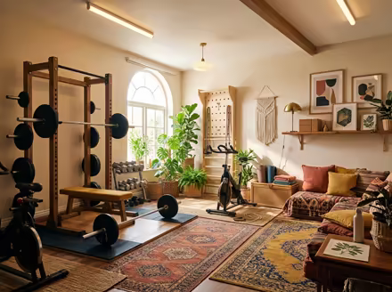AI-generated boho home gym interior design: layered vintage rugs