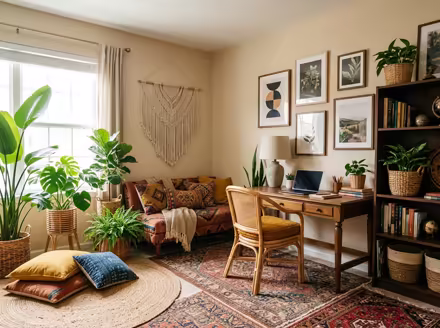 AI-generated boho home office interior design: layered vintage rugs