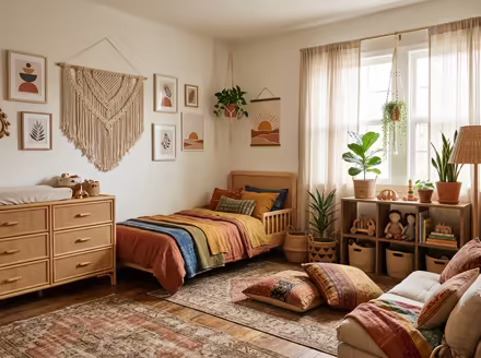 AI-generated boho kids room interior design: layered vintage rugs