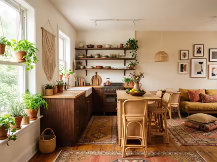 AI-generated boho kitchen interior design: layered vintage rugs