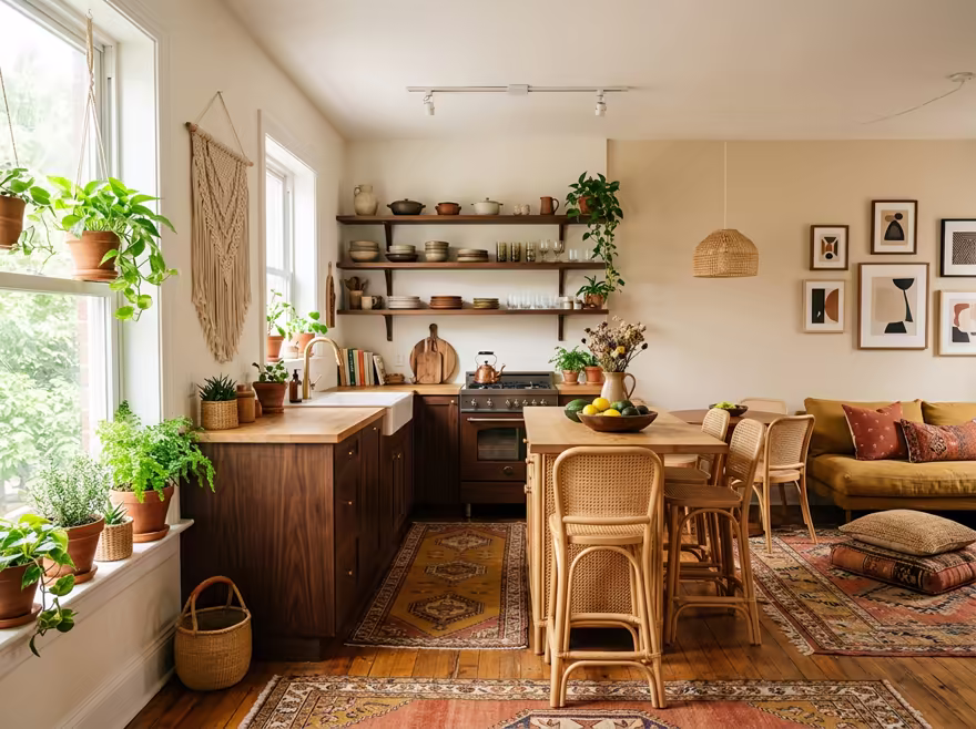 AI-generated boho kitchen interior design: layered vintage rugs