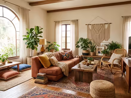 AI-generated boho living room interior design: layered vintage rugs