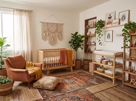 AI-generated boho nursery interior design: layered vintage rugs