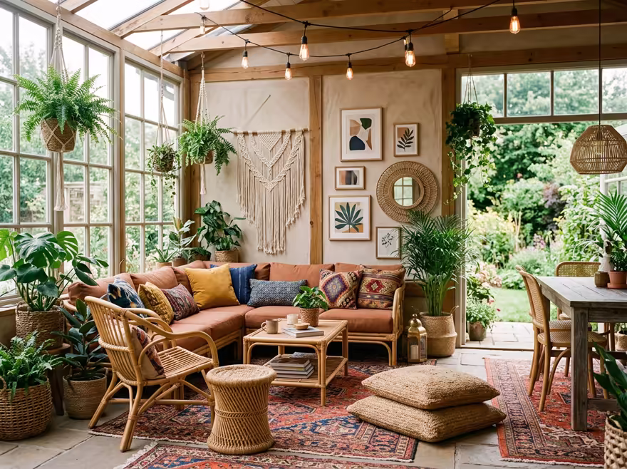 AI-generated boho patio interior design: layered vintage rugs