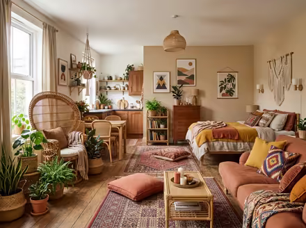 AI-generated boho studio apartment interior design: layered vintage rugs