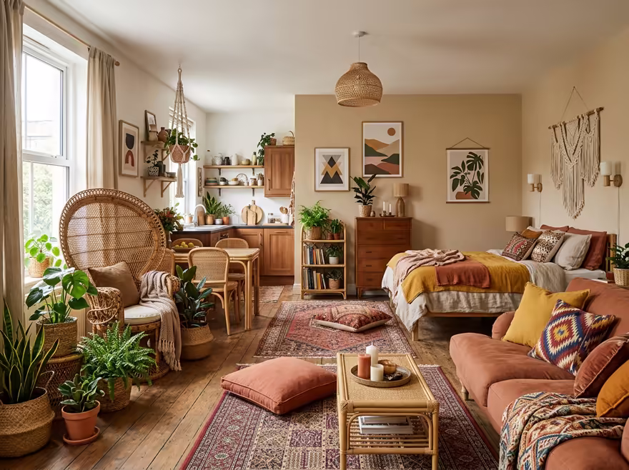 AI-generated boho studio apartment interior design: layered vintage rugs