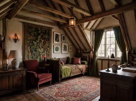 AI-generated castlecore attic interior design: dark carved-oak furniture