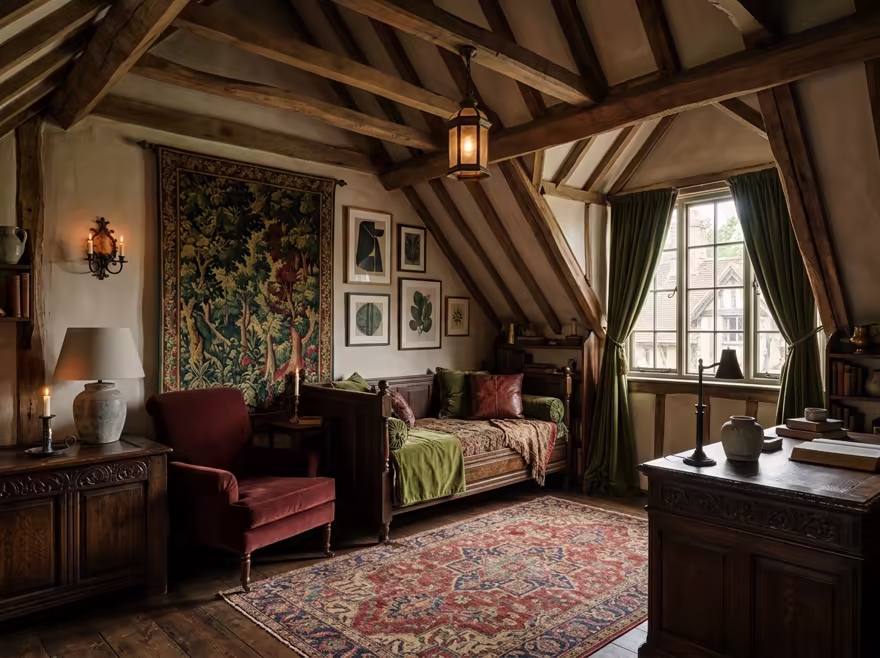 AI-generated castlecore attic interior design: dark carved-oak furniture