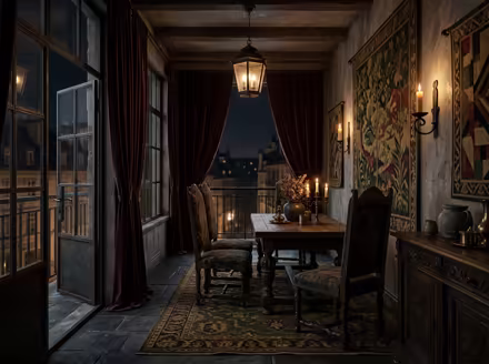 AI-generated castlecore balcony interior design: dark carved-oak furniture