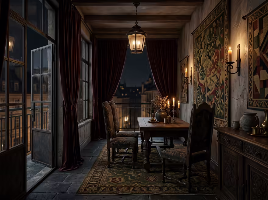 AI-generated castlecore balcony interior design: dark carved-oak furniture
