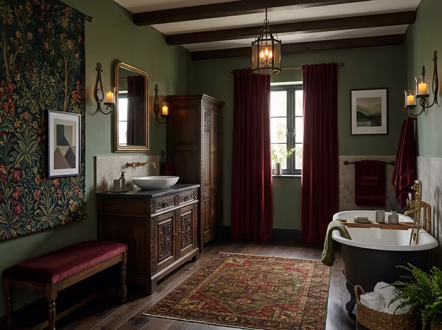 AI-generated castlecore bathroom interior design: dark carved-oak furniture