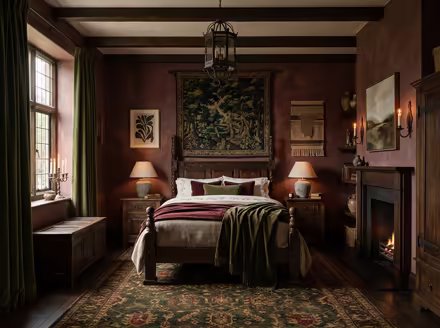 AI-generated castlecore bedroom interior design: dark carved-oak furniture