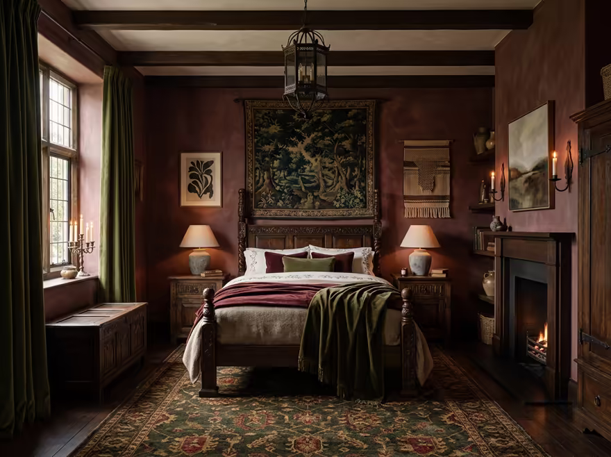 AI-generated castlecore bedroom interior design: dark carved-oak furniture