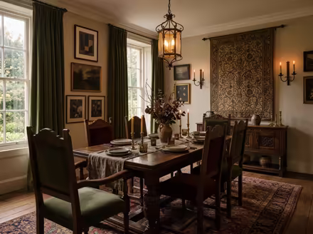 AI-generated castlecore dining room interior design: dark carved-oak furniture