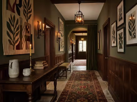 AI-generated castlecore hallway interior design: dark carved-oak furniture