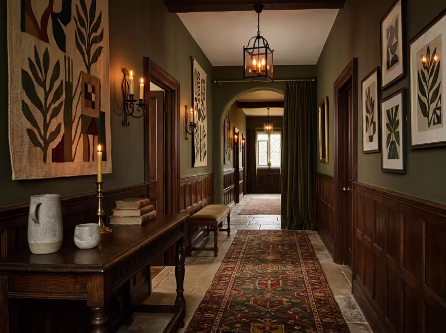 AI-generated castlecore hallway interior design: dark carved-oak furniture