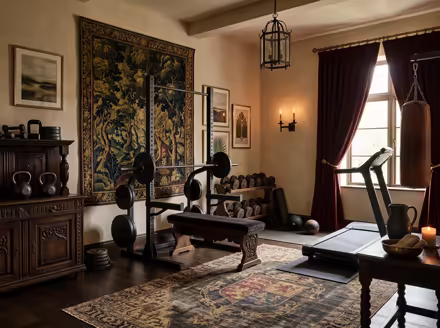 AI-generated castlecore home gym interior design: dark carved-oak furniture