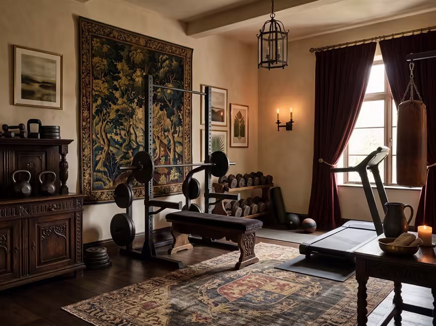 AI-generated castlecore home gym interior design: dark carved-oak furniture