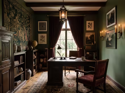 AI-generated castlecore home office interior design: dark carved-oak furniture