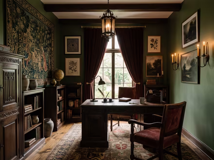 AI-generated castlecore home office interior design: dark carved-oak furniture