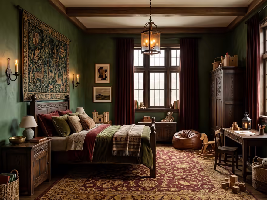AI-generated castlecore kids room interior design: dark carved-oak furniture