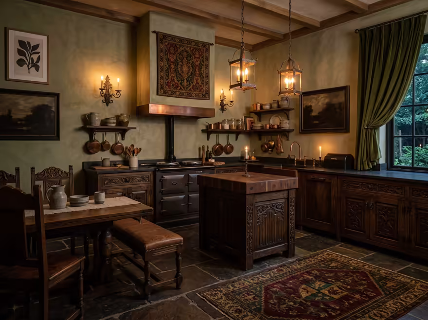 AI-generated castlecore kitchen interior design: dark carved-oak furniture