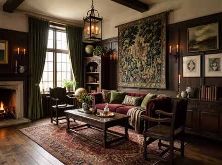 AI-generated castlecore living room interior design: dark carved-oak furniture