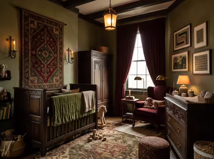 AI-generated castlecore nursery interior design: dark carved-oak furniture