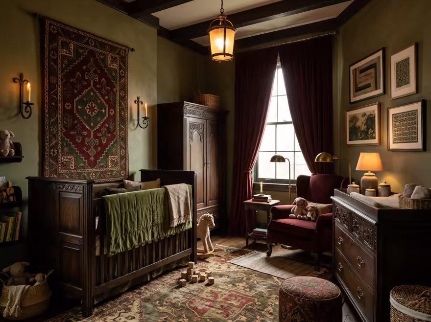 AI-generated castlecore nursery interior design: dark carved-oak furniture