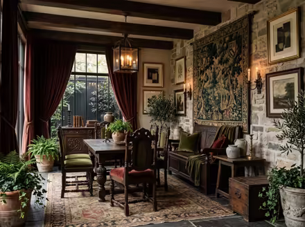 AI-generated castlecore patio interior design: dark carved-oak furniture
