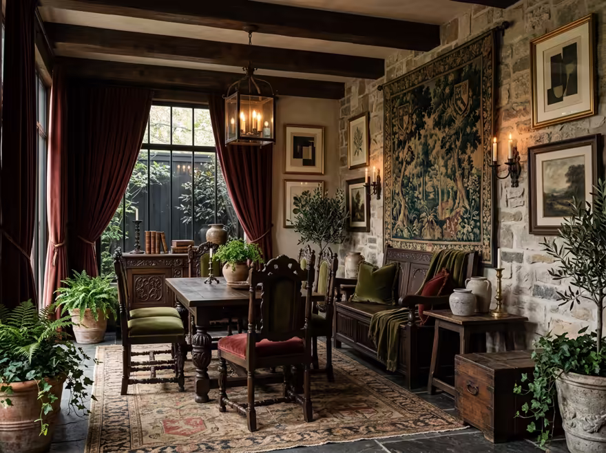 AI-generated castlecore patio interior design: dark carved-oak furniture