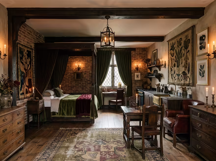 AI-generated castlecore studio apartment interior design: dark carved-oak furniture
