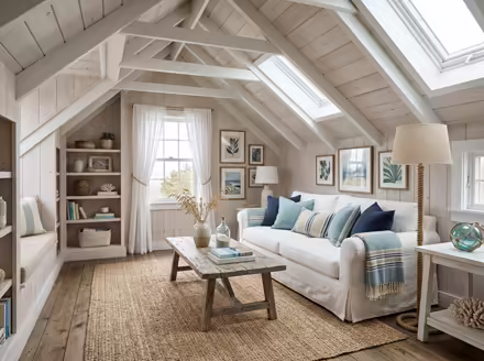 AI-generated coastal attic interior design: a white slipcovered sofa with sea-glass blue and striped cushions