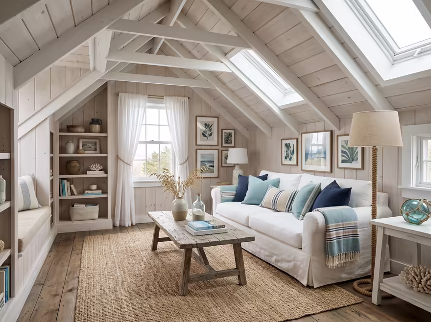 AI-generated coastal attic interior design: a white slipcovered sofa with sea-glass blue and striped cushions