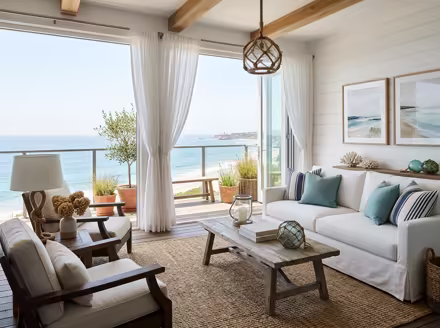 AI-generated coastal balcony interior design: a white slipcovered sofa with sea-glass blue and striped cushions