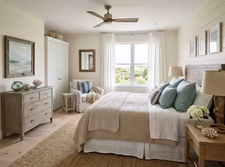 AI-generated coastal bedroom interior design: a white slipcovered sofa with sea-glass blue and striped cushions