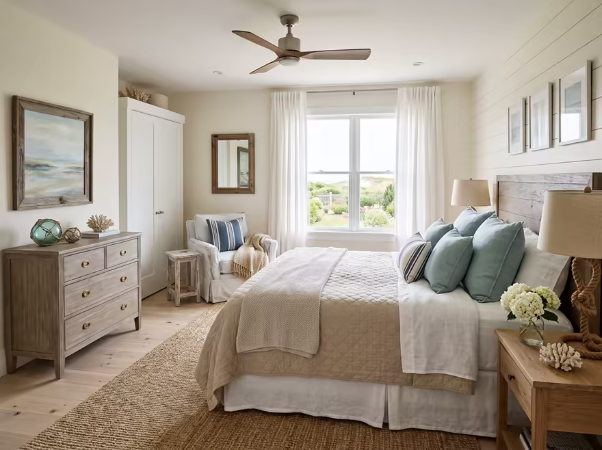 AI-generated coastal bedroom interior design: a white slipcovered sofa with sea-glass blue and striped cushions