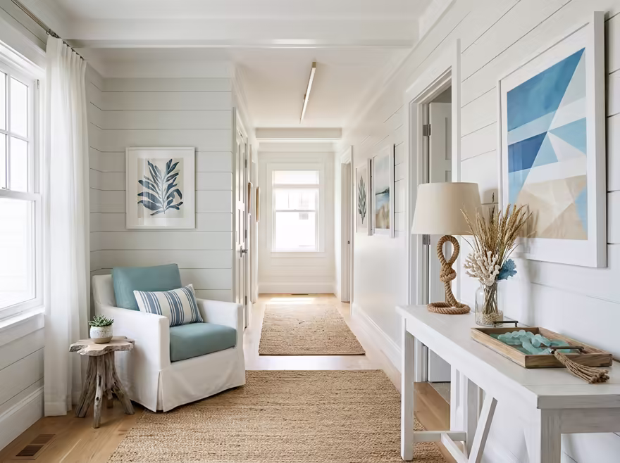 AI-generated coastal hallway interior design: a white slipcovered sofa with sea-glass blue and striped cushions