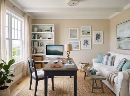 AI-generated coastal home office interior design: a white slipcovered sofa with sea-glass blue and striped cushions