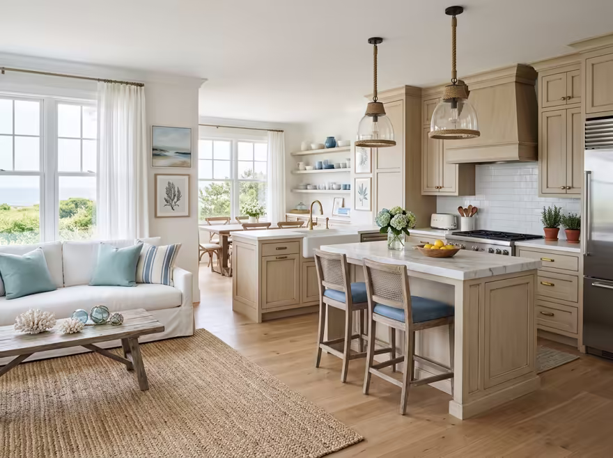 AI-generated coastal kitchen interior design: a white slipcovered sofa with sea-glass blue and striped cushions