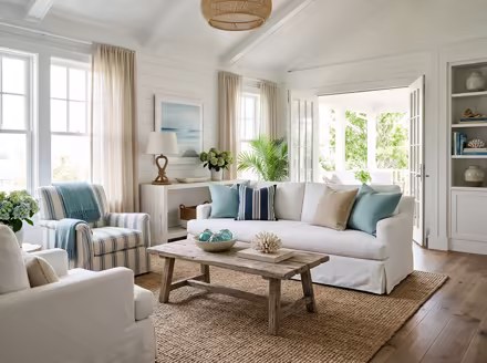 AI-generated coastal living room interior design: a white slipcovered sofa with sea-glass blue and striped cushions
