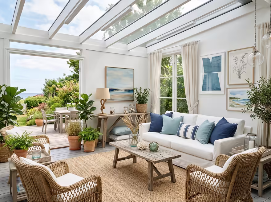 AI-generated coastal patio interior design: a white slipcovered sofa with sea-glass blue and striped cushions