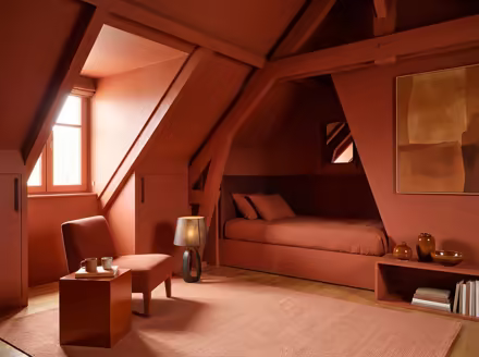 AI-generated color drench attic interior design: walls drenched in a single saturated hue
