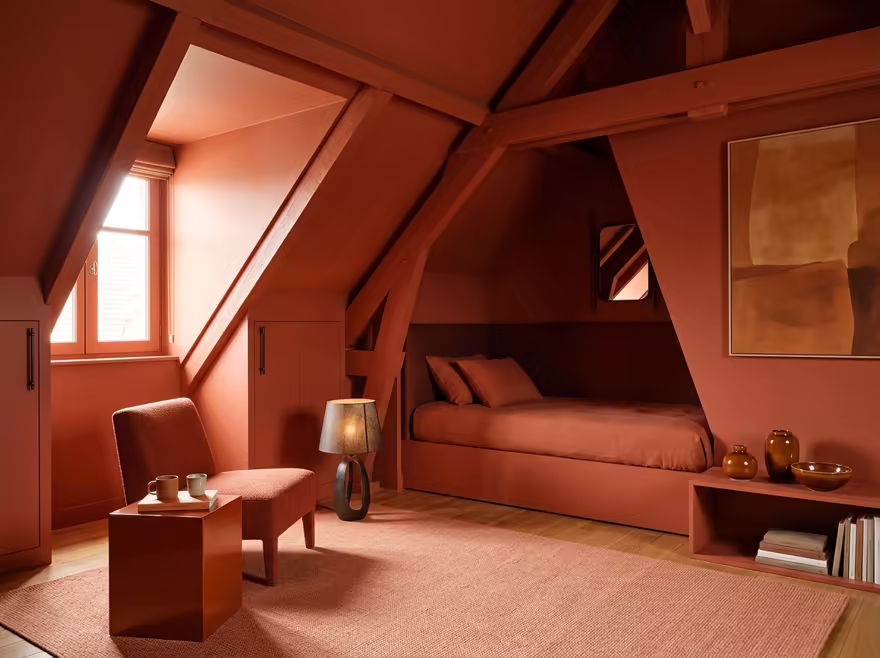 AI-generated color drench attic interior design: walls drenched in a single saturated hue
